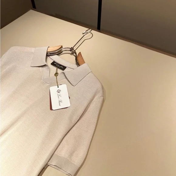 Loro Piana Cream Short-Sleeve Polo with Light Gray Collar - Picture 5 of 7